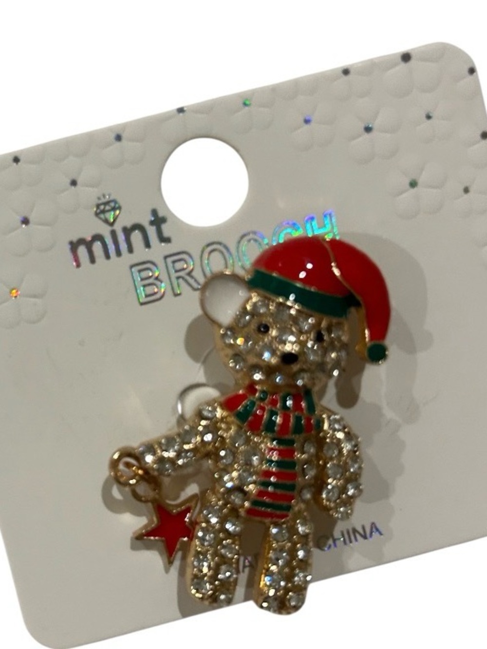 Mint Sparkling Teddy Bear Brooch with Red Hat and Green Scarf